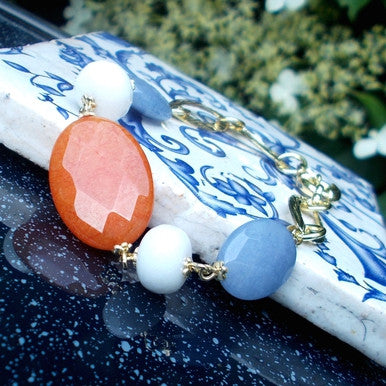18ct Gold Plated Bracelet with Orange, White and Aquamarine Jade