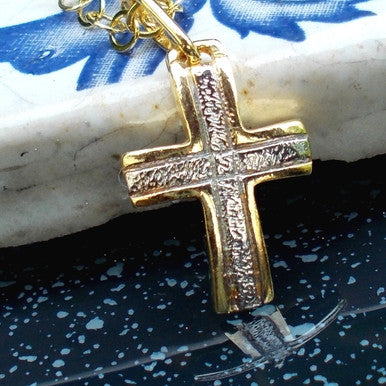 18ct Gold Plated Chain Necklace with Cross Pendant and Rhodium Detail