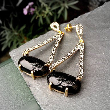 18ct Gold Plated Drop Earrings with Black Agate, Rhodium and Small Zirconias