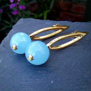 18ct Gold Plated Earrings Light Blue Jade