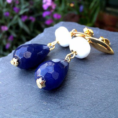 18ct Gold Plated Earrings with Nightstone and White Jade