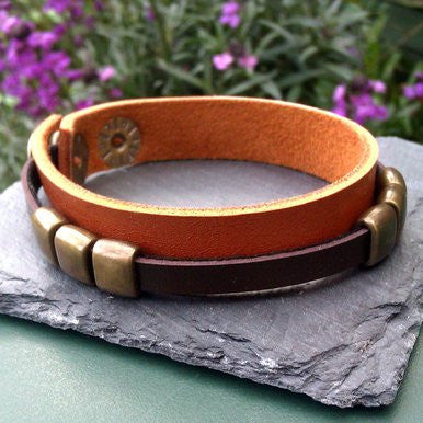Narrow Brown Leather Bracelet with Metal Buckles