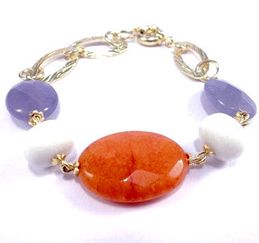 18ct Gold Plated Bracelet with Orange, White and Aquamarine Jade