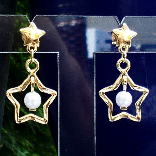 18ct Gold Plated Earrings with Five Pointed Star and Pearl Effect