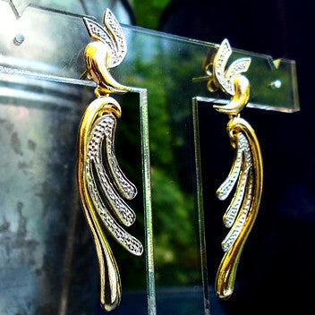 18ct Gold Plated Fancy Bird and Feather Design Earrings with Rhodium Detail
