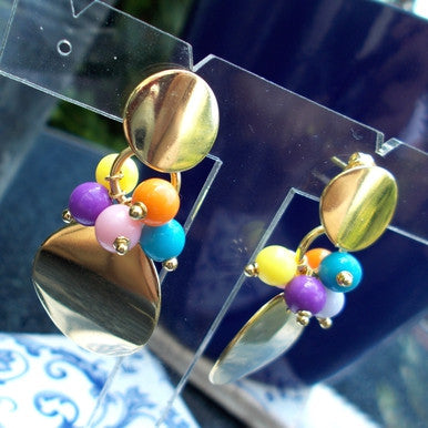 18ct Gold Plated Fancy Disk Earrings with Multi Colour Balls