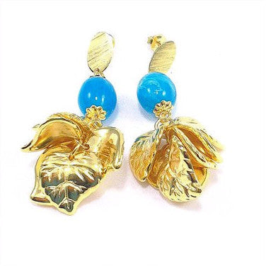 18ct Gold Plated Fancy Leaves Design Earrings with Blue Stone Effect
