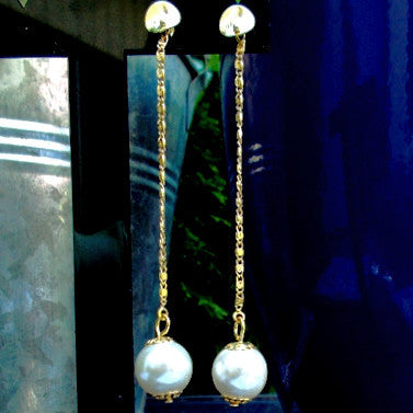 18ct Gold Plated Long Drop Pearl Effect Earrings