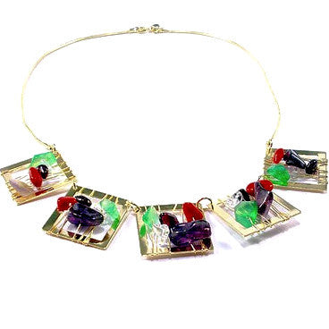 18ct Gold Plated Necklace with Multi Colour Stone Squares