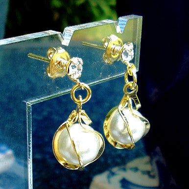 18ct Gold Plated Pearl Effect Drop Earrings with Strass Stone