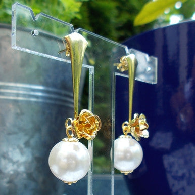 18ct Gold Plated Pearl Effect and Rose Earrings