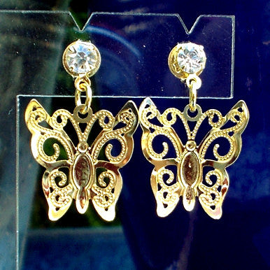 18ct Gold Plated Retro Style Butterfly Earrings with Strass Stone