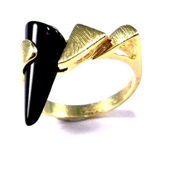 18ct Gold Plated Ring with Black Stone Effect Cone