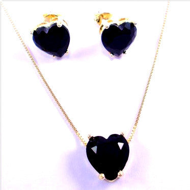 18ct Gold Plated Set of Black Crystal Heart Shaped Earrings and Pendant