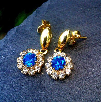 18ct Gold Plated Small Blue Stone Effect Earrings with Strass Stones