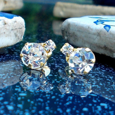 18ct Gold Plated Stud Earrings with Large and Small Strass Stones