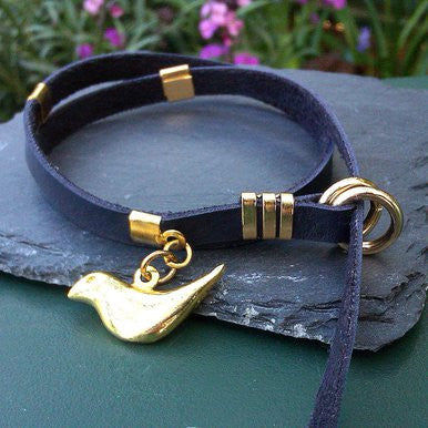 Black Wrap-Around Leather Bracelet with Gold Plated Bird Charm