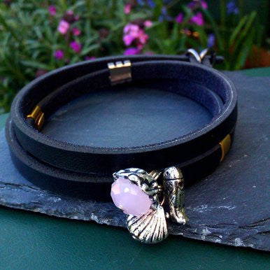 Black Wrap-Around Leather Bracelet with Vintage Rose Quartz Charm