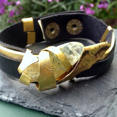Black and Gold Leather Bracelet with Green Quartz