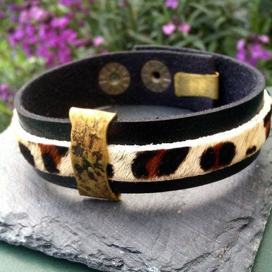Black and Animal Print Leather Bracelet with Metal Details