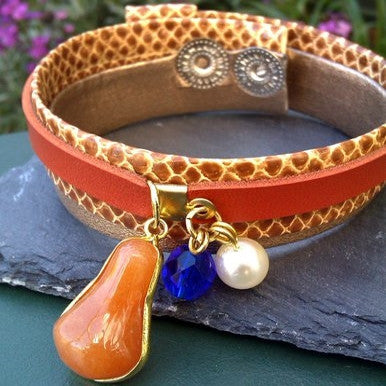 Brown and Snake Leather Bracelet with Agate and Glass Beads