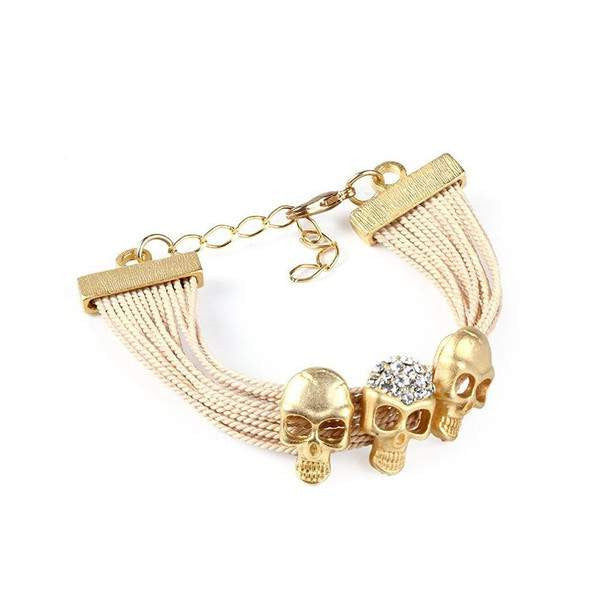 Compact Buriti Palm Straw Bracelet with Three Gold Plated Skulls
