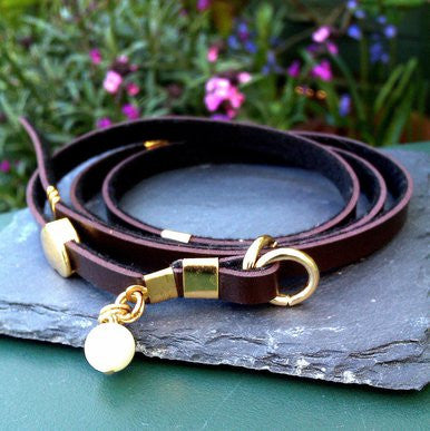 Dark Brown Wrap-Around Leather Bracelet with Pearl Effect Bead and Gold Plated Heart