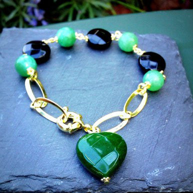 18ct Gold Plated Bracelet with Onyx and Green Jade