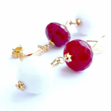 18ct Gold Plated Earrings with Red and White Jade