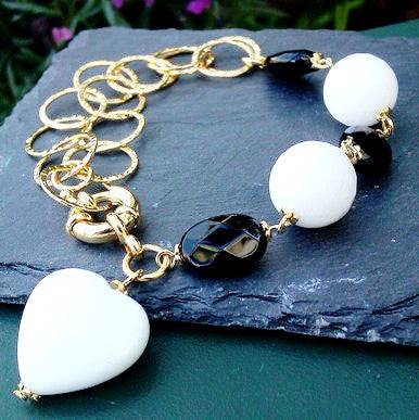 18ct Gold Plated Bracelet with Onyx and White Jade