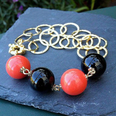18ct Gold Plated Bracelet with Orange Coral and Onyx
