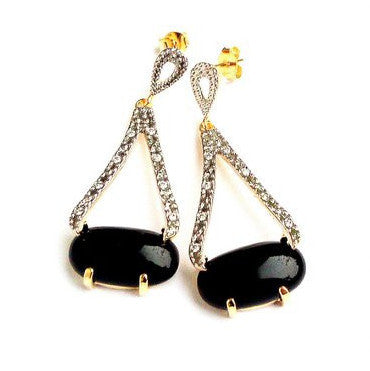 18ct Gold Plated Drop Earrings with Black Agate, Rhodium and Small Zirconias
