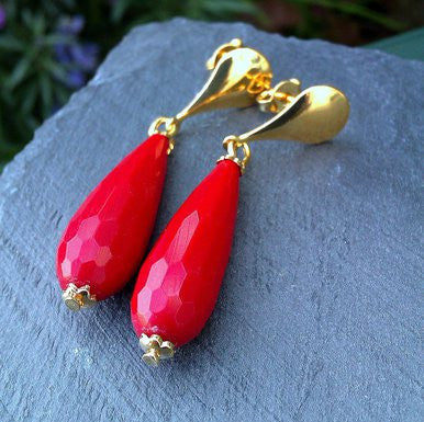 18ct Gold Plated Earrings with Red Jade