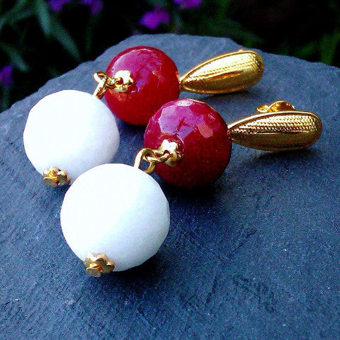 18ct Gold Plated Earrings with Red and White Jade