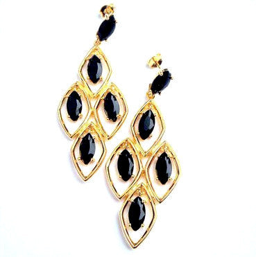 18ct Gold Plated Fancy Earrings with Small Black Crystal Pendants