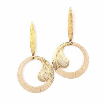 Gold Plated Hoop and Teardrop Metal Earrings with Buriti Palm Straw Detail