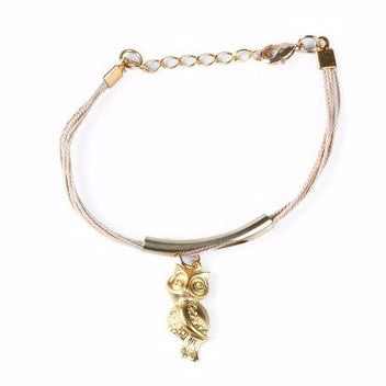 Gold Plated Metal Owl Charm with Buriti Palm Straw Bracelet