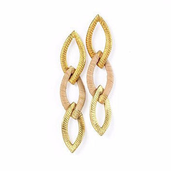 Gold Plated Three Ovals Metal Earrings with Buriti Palm Straw Detail