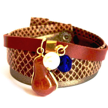 Brown and Snake Leather Bracelet with Agate and Glass Beads