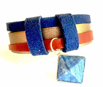 Snake, Brown and Blue Suede Leather Bracelet with Sodalite Pyramid Charm