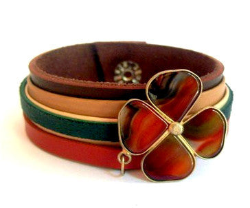 Green, Beige and Brown Leather Bracelet with Tiger Eye Shamrock Charm