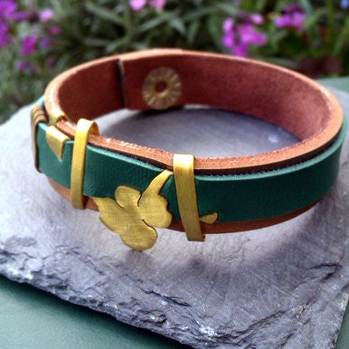 Narrow Green and Copper Leather Bracelet with Shamrock Ornament