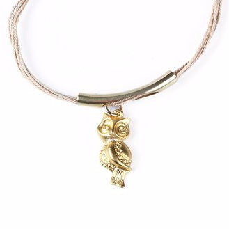 Gold Plated Metal Owl Charm with Buriti Palm Straw Bracelet