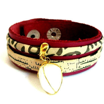 Red and Animal Print Leather Bracelet with White Agate