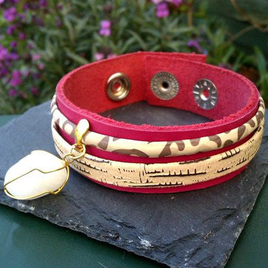 Red and Animal Print Leather Bracelet with White Agate