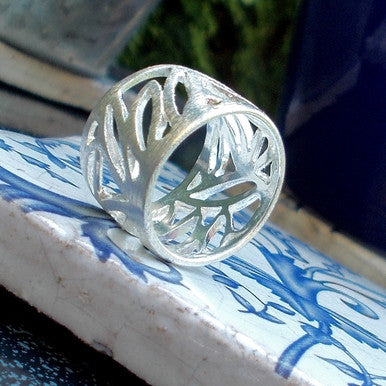 Silver Plated Brushed Leaf Design Ring