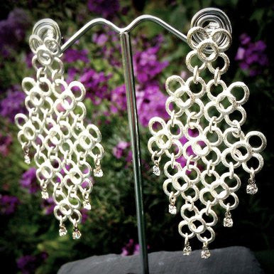 Silver Plated Chain Mesh Earrings with Strass Stones