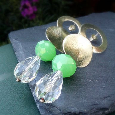 Silver Plated Disc Earrings with Green Agate and Crystal