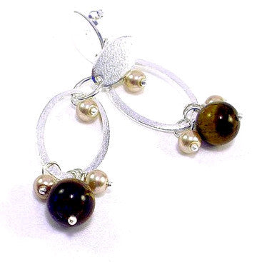 Silver Plated Earrings with Tiger Eye and Pearls
