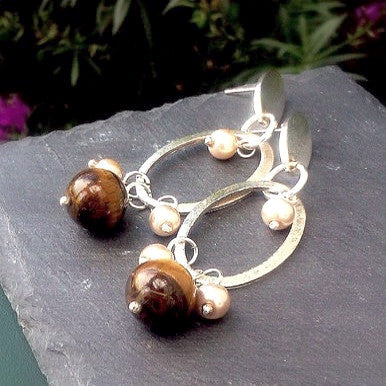 Silver Plated Earrings with Tiger Eye and Pearls